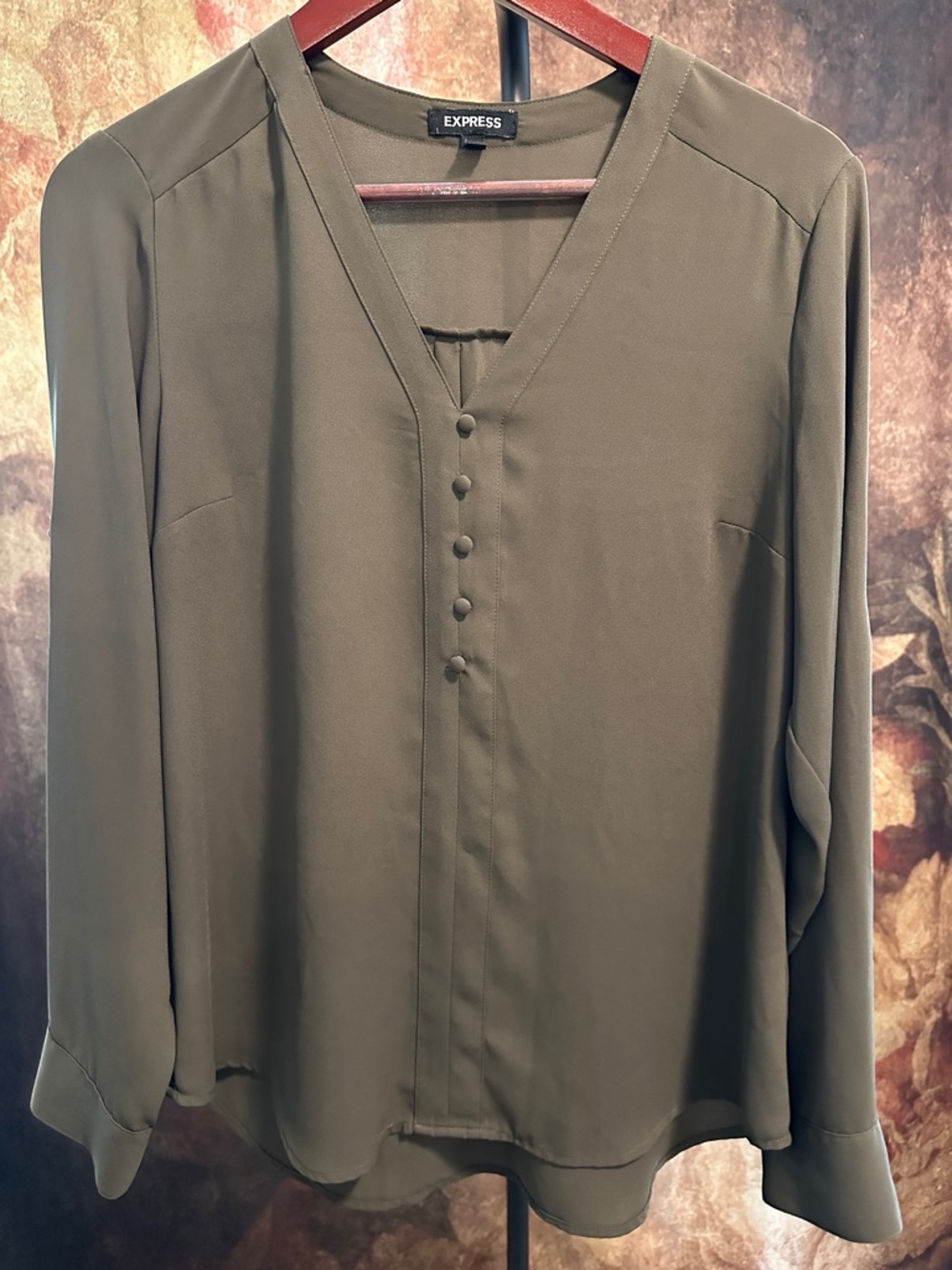 Express Olive V-Neck Button-Front Blouse